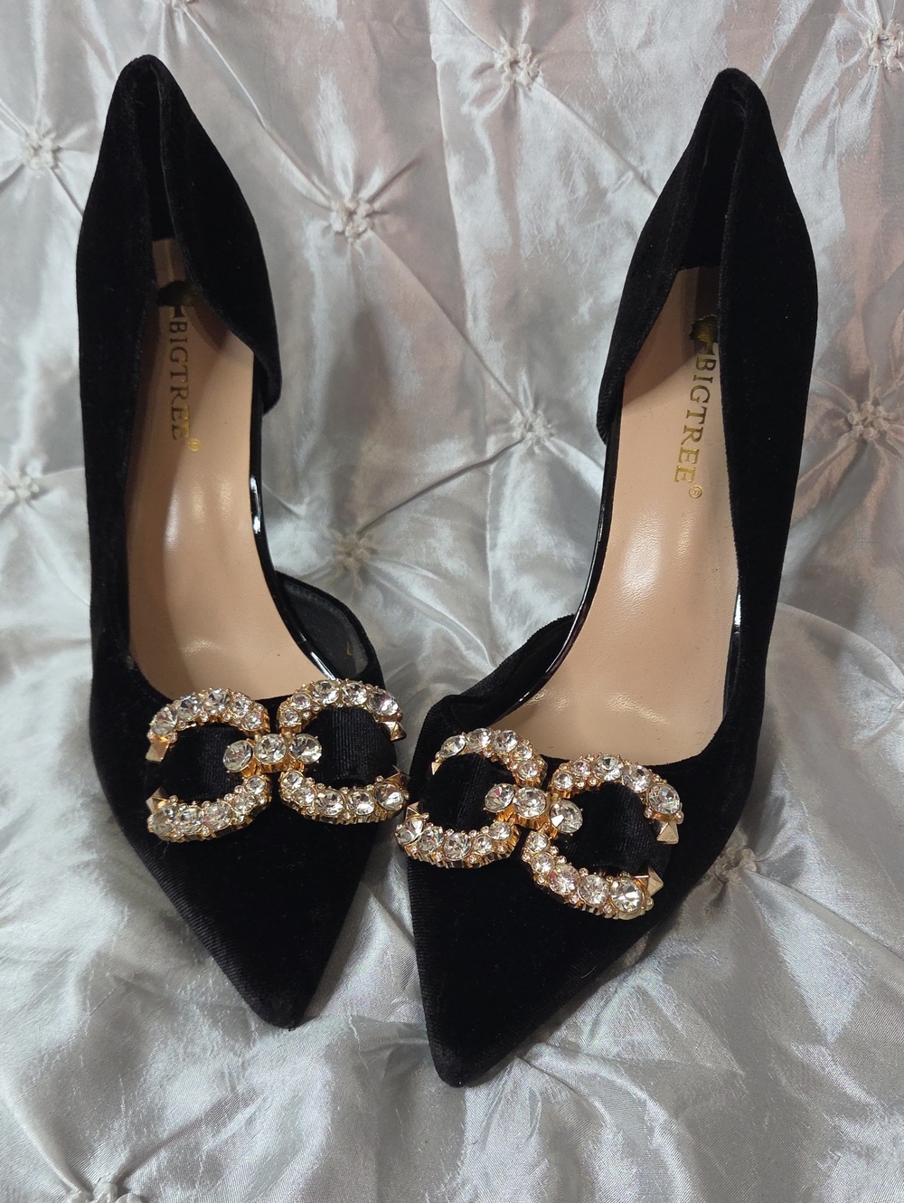 Black Velvet Pointed Toe Heels with Crystal Chain Accent